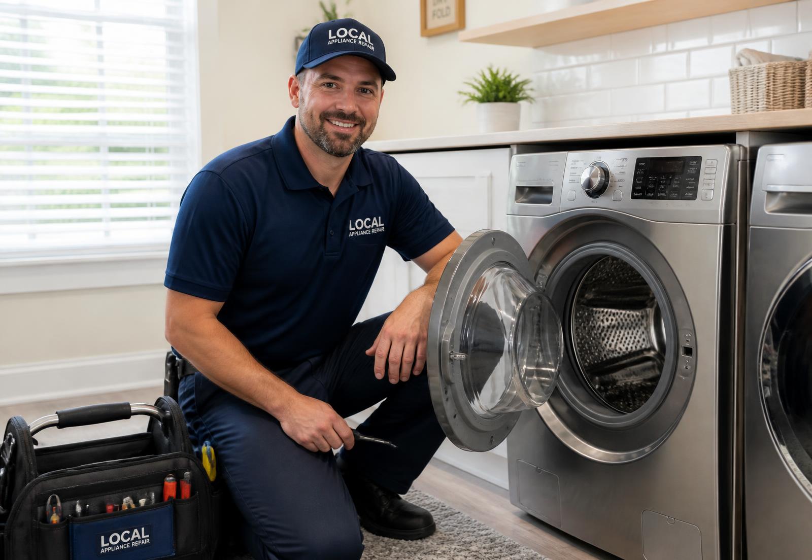 Appliance repair technician servicing a front-load washing machine in a Chapel Hill home laundry room